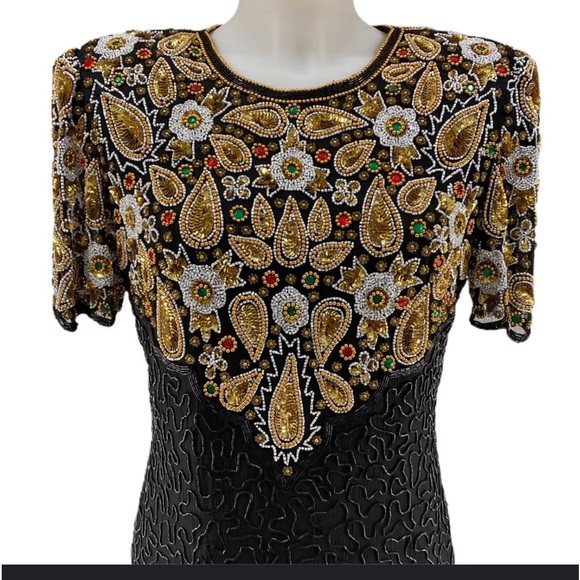 Laurnce kazar beaded black and gold cocktail top size small pure slik vantage - Picture 1 of 9